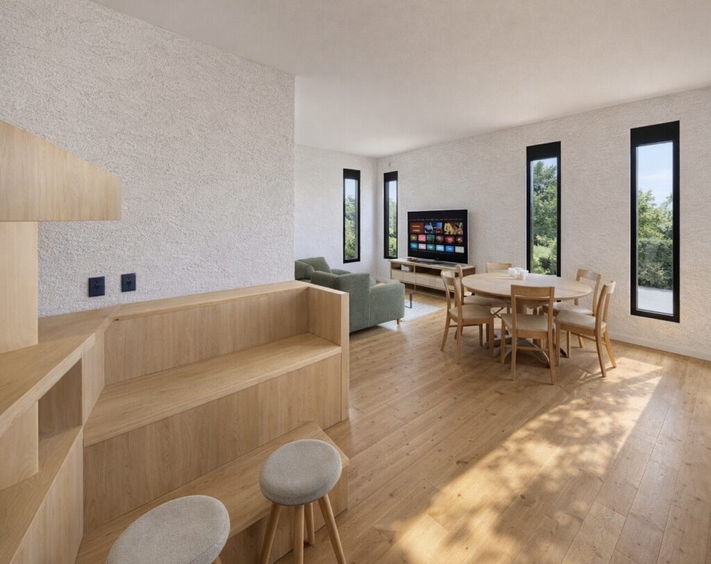 木の温もりと光を楽しむ、シンプルで上質なLDK空間